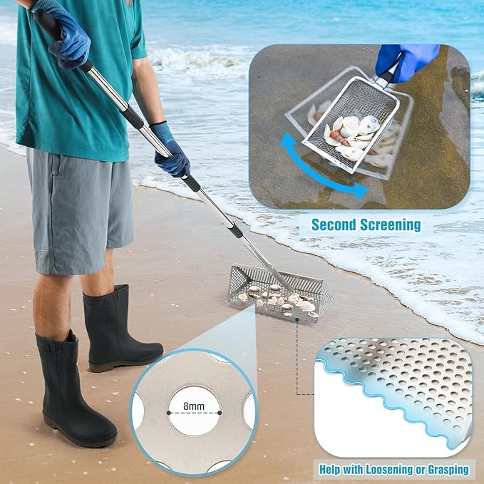 Sand Flea Rake, Stainless Steel Sand Sifter, Shark Tooth Sifter with A 16-Inch Wide Drain Screen for Finding Fleas,Shells and Shark Teeth
