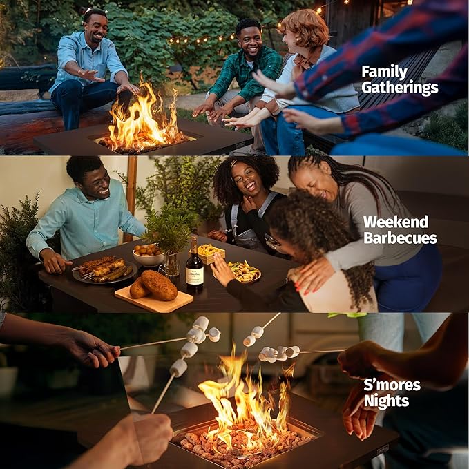 EAST OAK 28” Outdoor Propane Fire Pit Table | 52,000 BTU Gas Fire Pit for Outside with Easy-Hook Lid, Mesh Pocket & Lava Rocks | CSA Certified | Ideal for Patio, Garden & Backyard | Brown