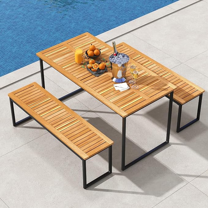 Tangkula 3 Pieces Outdoor Dining Set for 6 People, 55 inch Rectangle Patio Table & 2 Benches with Acacia Wood Tabletop, Metal Frame & Umbrella Hole, Dining Furniture for Yard, Garden, Poolside