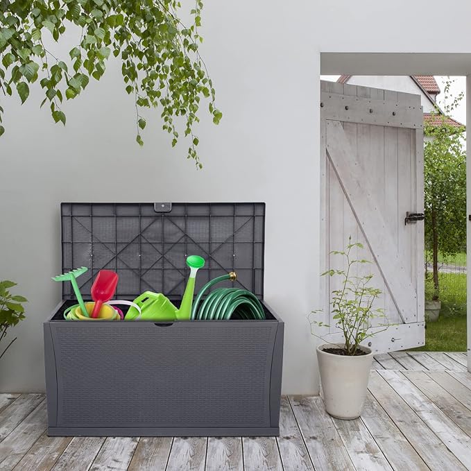 VINGLI Upgraded 120 Gallon Outdoor Storage Box, Lockable Plastic Storage Containers with Lid, Rattan Grain Surface Deck Box Patio Furniture for Garden, Pool, Balcony, Yard (Grey)
