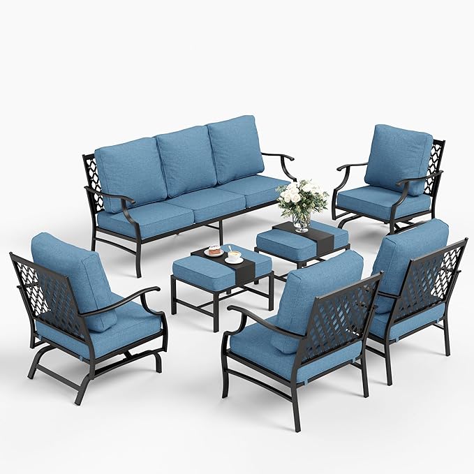 7 Piece Metal Outdoor Patio Furniture Sets, Patio Conversation Sets 1 3-seater Sofa, 2 Fixed Chair, 2 Rocking Chair, 2 Ottomans with 5.75" Thick Cushion, Black Backyard Furniture, Navy