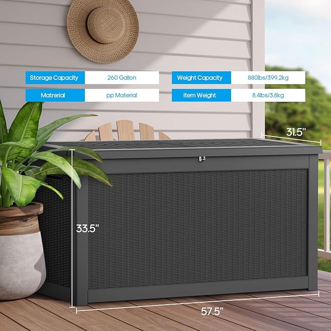 260 Gallon Large Deck Box,Resin Outdoor Storage Box with Lockable for Patio Furniture, Pool Accessories, Garden Tools Waterproof Outside Storage Box, Black