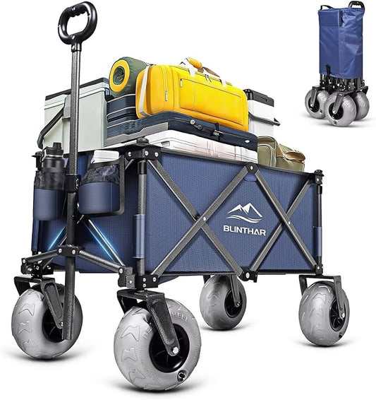 Beach Wagon with Big Wheels for Sand, Heavy Duty Collapsible Folding Wagon with All-Terrain 9" Pneumatic Tires & Drink Holders, Utility Wagon for Garden Sports Camping Outdoor Activities