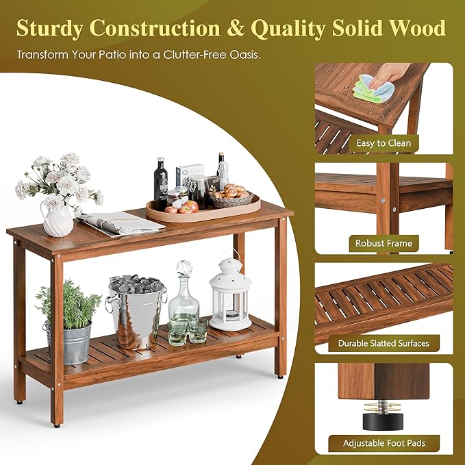 SUPER DEAL Patio Console Table, Outdoor Solid Wood Side Table Multifunctional Buffet Bar Storage Organizer with Foot Sliders, 48in 2-Shelf, Natural