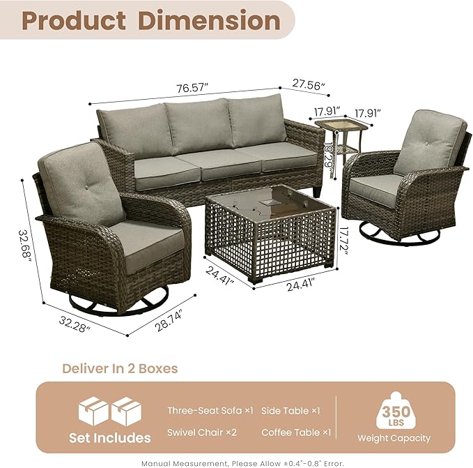 HOOOWOOO Outdoor Patio Furniture Set,5 Pieces Wicker Conversation Set,All Weather Couch Set with Swivel Chairs Solar Light Table 5 Seaters for Out Door Yard(Charcoal Gray)