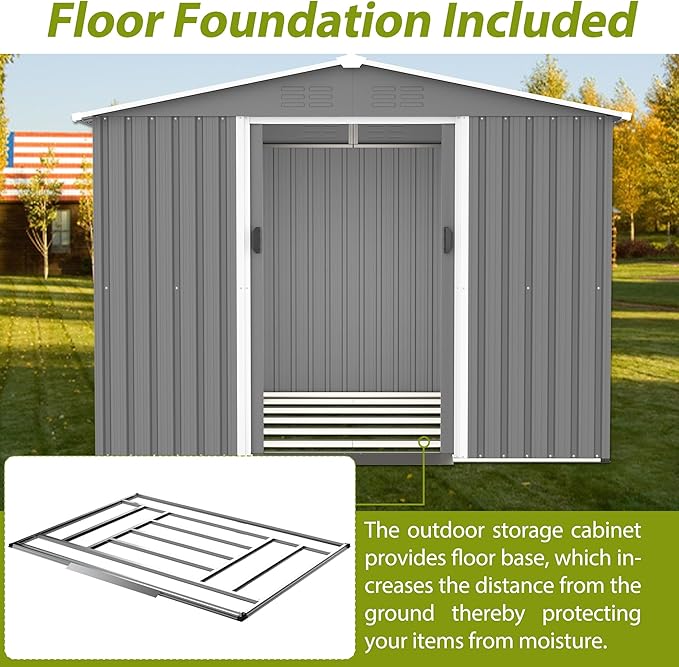 8X6 FT Outdoor Storage Shed with Roof,Waterproof House Tool Cabinet W/Metal Foundation & Lockable Doors,for Shovels,Umbrellas,Antennas,Escalators,Gray