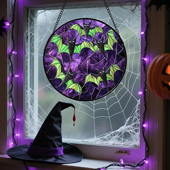 Stained Glass Window Hanging - Halloween Decorations Black Bat with Green Wings Suncatcher for Doors Garden Indoor Spooky Sun Catchers Gothic Decor Horror Gifts for Women Men Friend 7.8 in