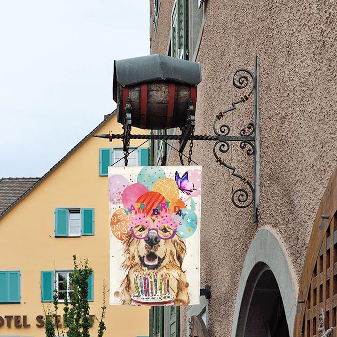 Happy Birthday Cake Balloon Ribbon Golden Dog Retriever Garden Flag Welcome Party Outdoor Outside Decorations Picks Home House Garden Yard Decor 12x18 Inch