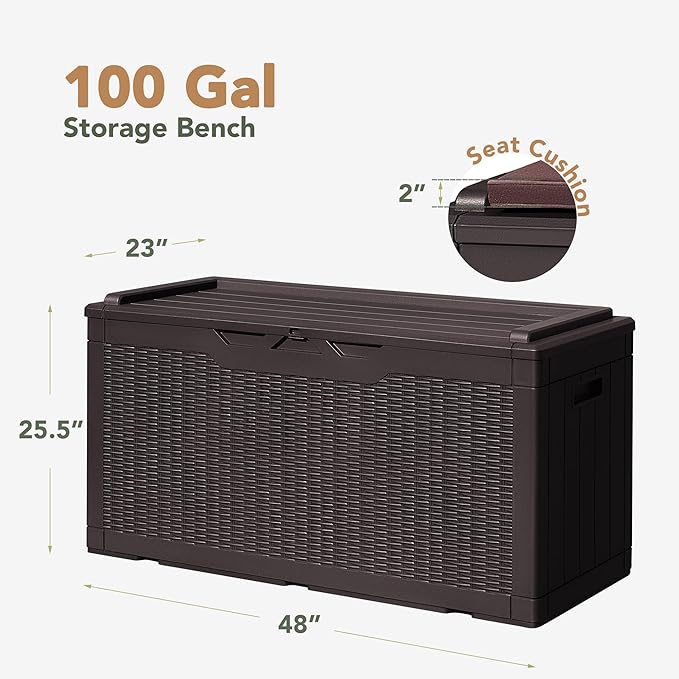 Flamaker Deck Box with Cushion 100 Gallon Waterproof Resin Storage Box with Air Rod Indoor Outdoor Lockable Storage Bench for Patio Furniture, Tools, Pool Accessories (Deep Brown)