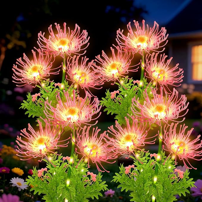 Solar Outdoor Lights Pink Spider Lily – 4 Pack 12-Head Waterproof Garden Flower Lights with Glowing Stems,Decorative Solar Powered Yard,Patio & Lawn Decor,Christmas & Gardening Gifts for Women Grandma