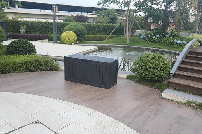 BTEXPERT 75 Gallon Resin Deck Box, Outdoor Storage Container for Patio Furniture Garden Tools Cushions Pool Sports Equipment Waterproof Lockable Stainless Steel insert UV Resistant Set of 2
