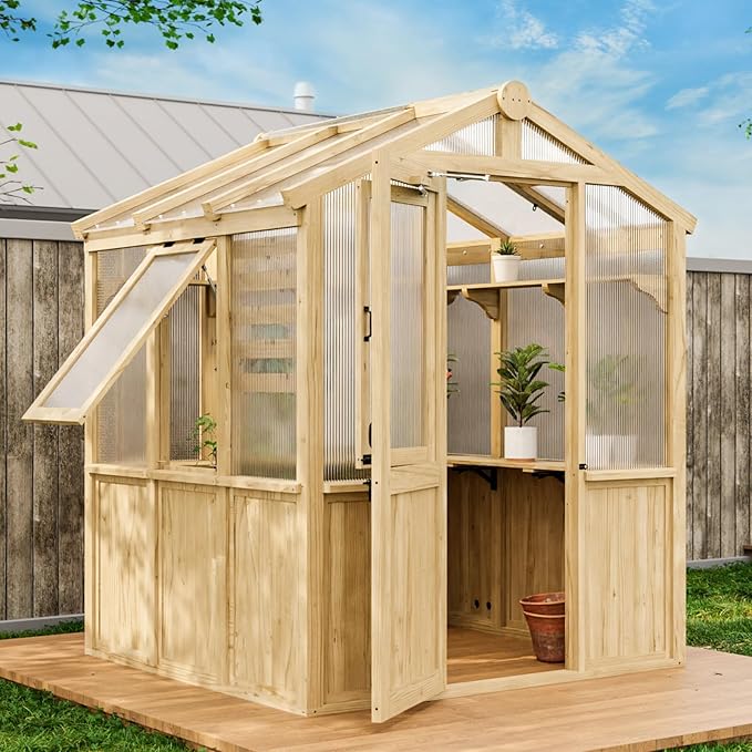 EAGLE PEAK 6.7x6x7.7 ft Wood and Polycarbonate Walk-in Greenhouse, Cedar Hobby Green House with Roof Vent, Natural