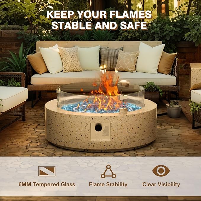 3-Piece Outdoor Propane Fire Pit Table Set – Premium Terrazzo-Like MgO Finish, Round Gas Fire Table with Tank Table & Glass Wind Guard for Patio, Garden & Backyard, Includes Rain Cover & Glass Beads