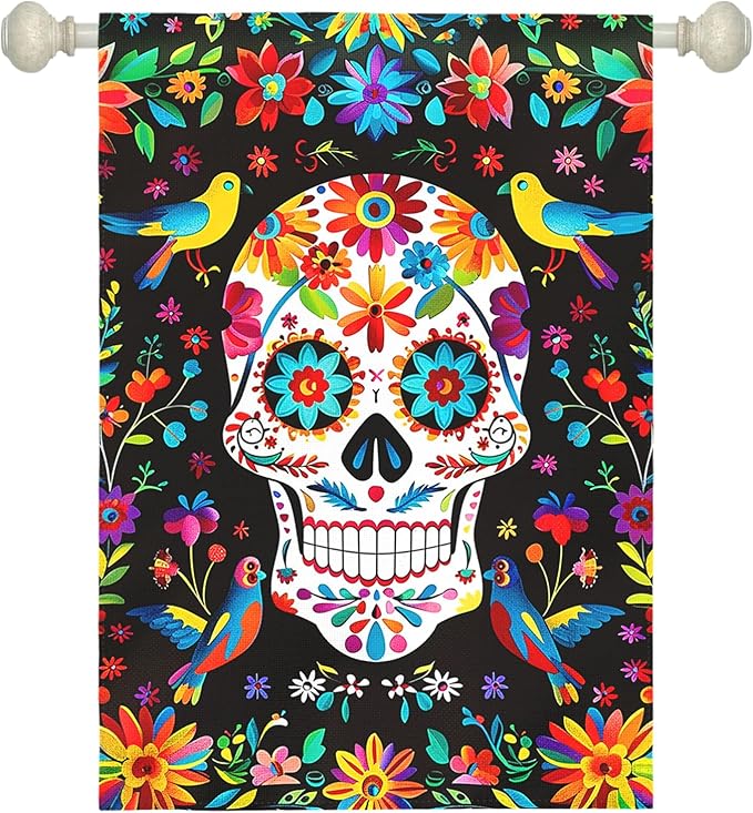 Day of the Dead Garden Flag Skull Welcome Floral House Banner Mexican Gothic Skeleton Flowers Birds Double-Sided Garden Flags Fiesta Dia DE Los Muertos Burlap Yard Flag 28x40 Inch