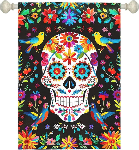 Day of the Dead Garden Flag Skull Welcome Floral House Banner Mexican Gothic Skeleton Flowers Birds Double-Sided Garden Flags Fiesta Dia DE Los Muertos Burlap Yard Flag 28x40 Inch
