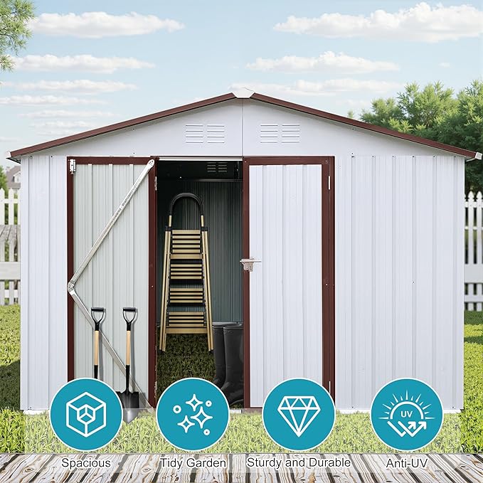 10x12 FT Outdoor Storage Shed, Metal Tool Shed with Lockable Doors & Peaked Roof, Garden Shed with Vented Design for Backyard Garden Patio Lawn, White+Coffee