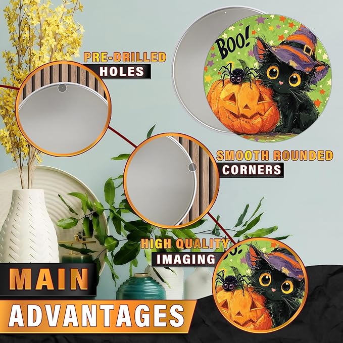 PEACHGARDEN Halloween Black Cat Round Metal Tin Sign Vintage Boo Decor Pumpkin Retro Wall Art Plaque Iron Painting 8x8inch