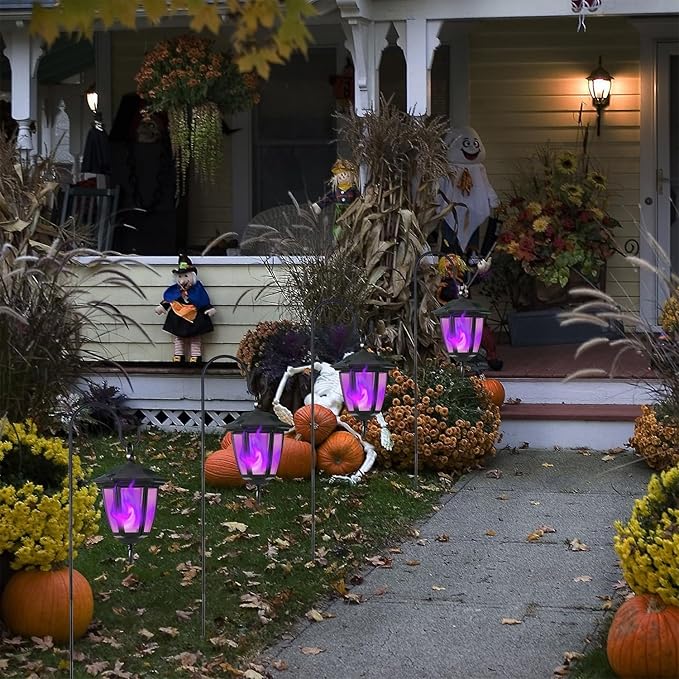 Dynaming 4 Pack Solar Halloween Flame Hanging Lights Outdoor, Flickering Flame LED Garden Lanterns with 4x38 Inch Shepherd Hooks, Landscape Lighting Waterproof for Lawn Yard Pathway Driveway, Purple