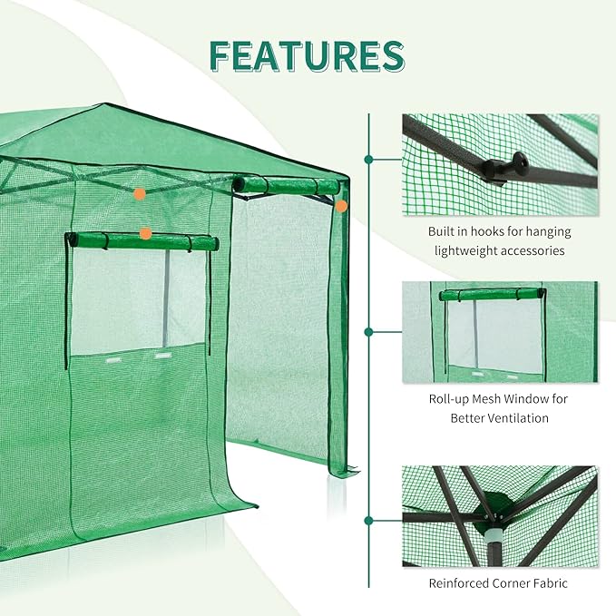 EAGLE PEAK Instant Pop-up Greenhouse, Indoor Outdoor Plant Gardening Green House, Roll-Up Zipper Doors and Side Windows, Walk in 8x6 ft, Green/Clear