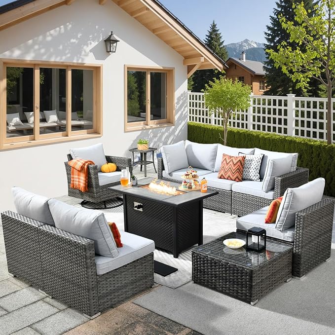 HOOOWOOO 10 Piece Patio Sectional Furniture Set with Fire Pit Table,Modern Wicker Outdoor Conversation Sofa Sets,Weather Resistant Modular L Shaped Outside Couch Swivel Chair Set(Light Grey)