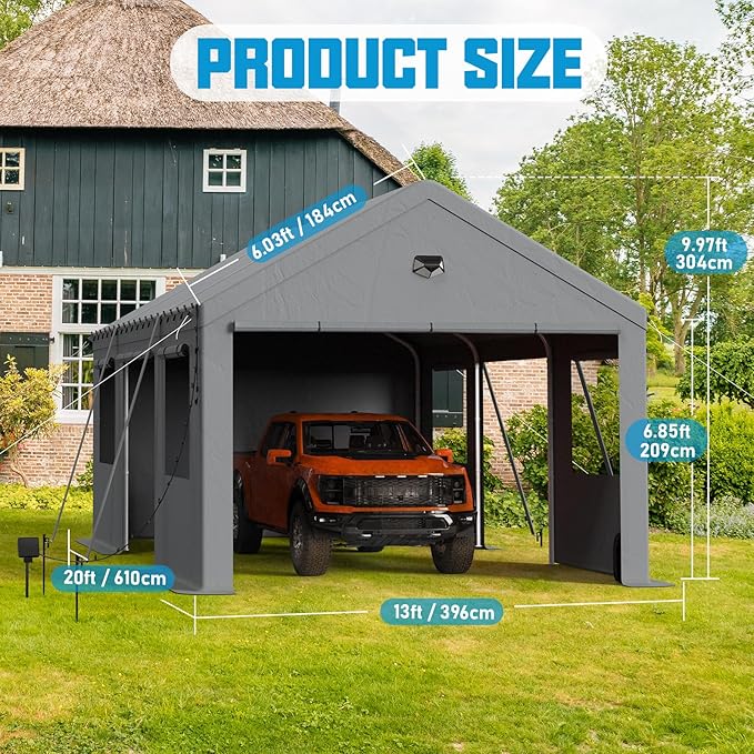 12x20 Carport, Heavy Duty Carport Canopy Garage with Removable Sidewalls and Drive Through Roll Up Zipper Doors & Side Doors, Grey