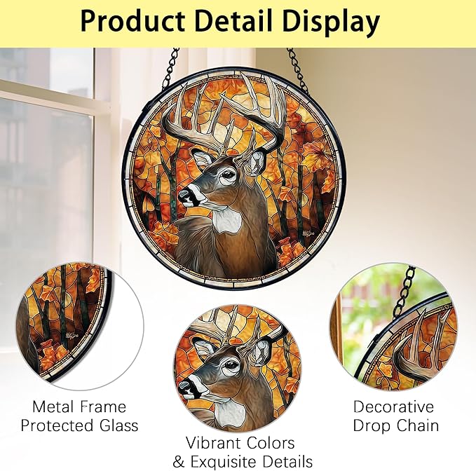 TNUW Fall Deer Stained Glass Window Hanging, Rustic Autumn Forest Wildlife Deer Sun Catchers Indoor Window Glass Round Wall Art Decor, Fall Wall Hanging Decorations, 7.9＂x7.9＂