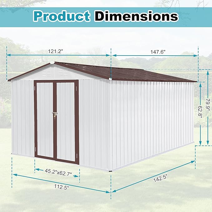 10x12 FT Outdoor Storage Shed, Metal Tool Shed with Lockable Doors & Peaked Roof, Garden Shed with Vented Design for Backyard Garden Patio Lawn, White+Coffee