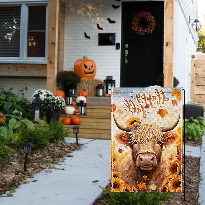 Fall Garden Flag 12 x 18 Inch Double Sided Cow Maple Leaves Sunflower Designs Autumn Burlap Yard Flag for Outside Rustic Yard Outdoor Holiday Home Decoration