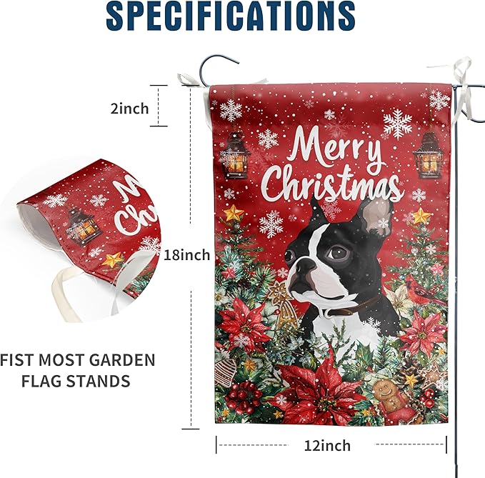 Christmas Boston Terrier Garden Flag Merry Christmas Dog Yard Flag for Outside Xmas Flags 12x18 Double Sided Red Poinsettia Garden Flags Winter Porch Decorations Outdoor