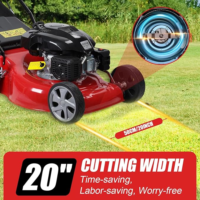 Self Propelled Gas Lawn Mower, 141cc Gas Engine Walk-BehindLawn Mower Cordless Walk-Behind Lawns Mowers with 20 Inches Blade 50L Grass Tank Big Wheels Red