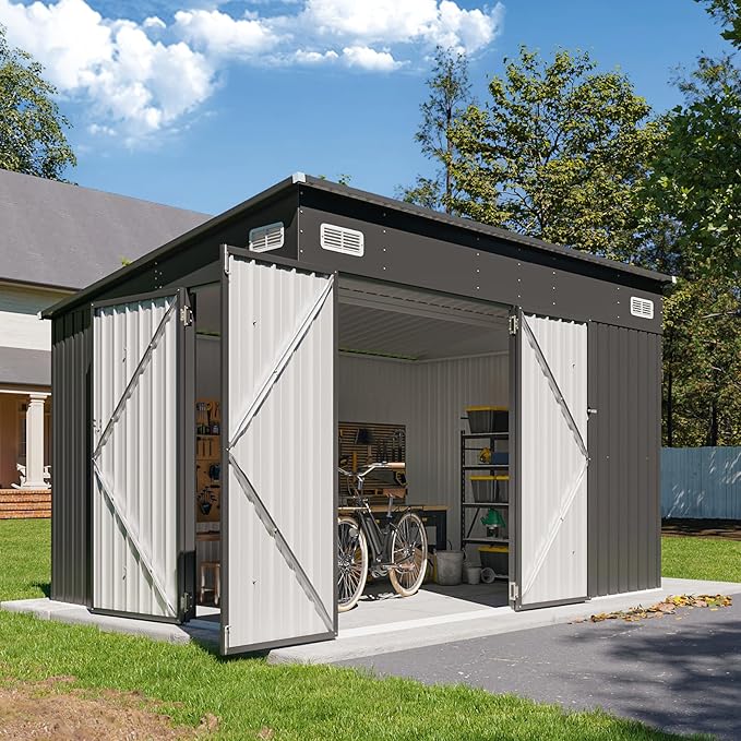 8'x10' Shed Galvanized Steel Storage Sheds with Triple Doors Utility Sheds for Vertical Storage, Dual Lock Lean to Shed with Sloped Roof for Mower, Bike, Garden Tools (Black)