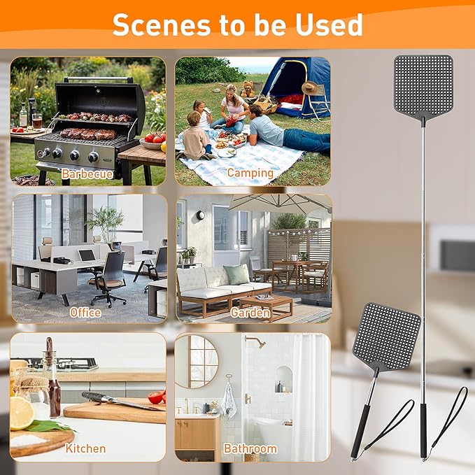 Telescopic Fly Swatters 2 Pack, Premium Plastic Flyswatter, Fly Swatter Heavy Duty for Indoor, Outdoor, Classroom, Stainless Steel Handle（Black）