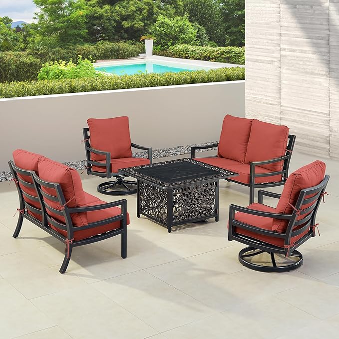 Oakland Living Black Aluminum Patio Fire Table Set with Two Deep Seating Loveseat with Cushions and Two Club Chairs with Red Cushions