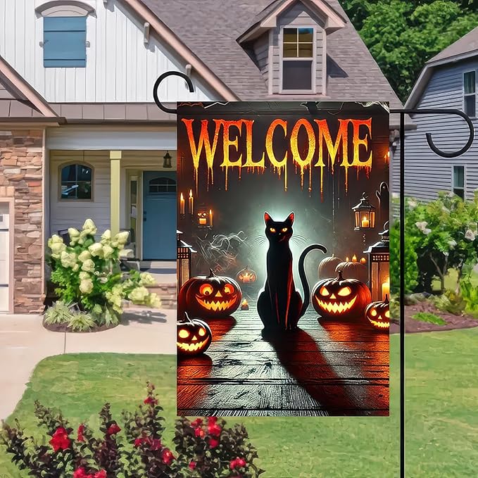 Garden Flags 12x18 Inch Halloween Black Cat Welcome Banner Pumpkin Lantern Spooky Night Yard Decoration for Porch Outdoor Lawn Garden Party Fall Decor Sign