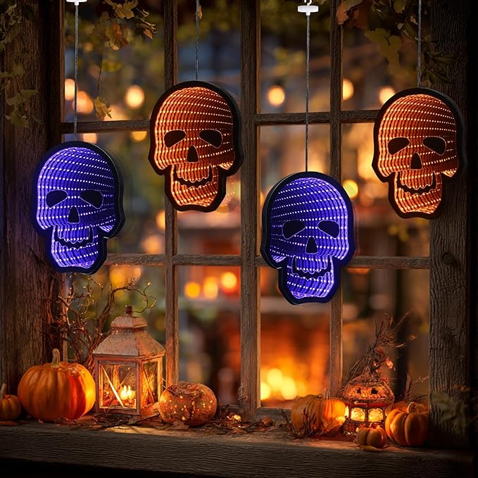 Halloween Décor 4 Skulls Infinity Lights with USB Powered, 10.42FT 3D Infinity Mirror String Skeleton Head Lights, Halloween Indoor Decorations for Window Outdoor Wall Party Room