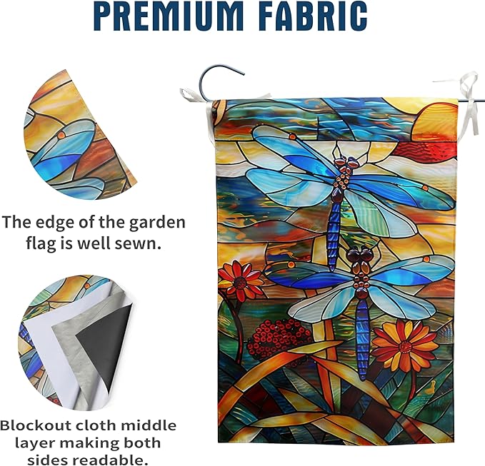 Stained Glass Dragonfly Garden Flag Spring Summer Yard Flag Fall Floral Decorative Flags for Outside 12x18 Double Sided Small Seasonal Lawn Flags Rustic Outdoor Decor