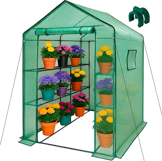 Elly Walk-in Outdoor Greenhouse with Durable PE Cover 56 x 56 x 76 Portable Green House with 2 Mesh Side Windows, Shelf Clips, 3 Tier 8 Shelves Heavy Duty, Plant House with Roll-up Zipper Door