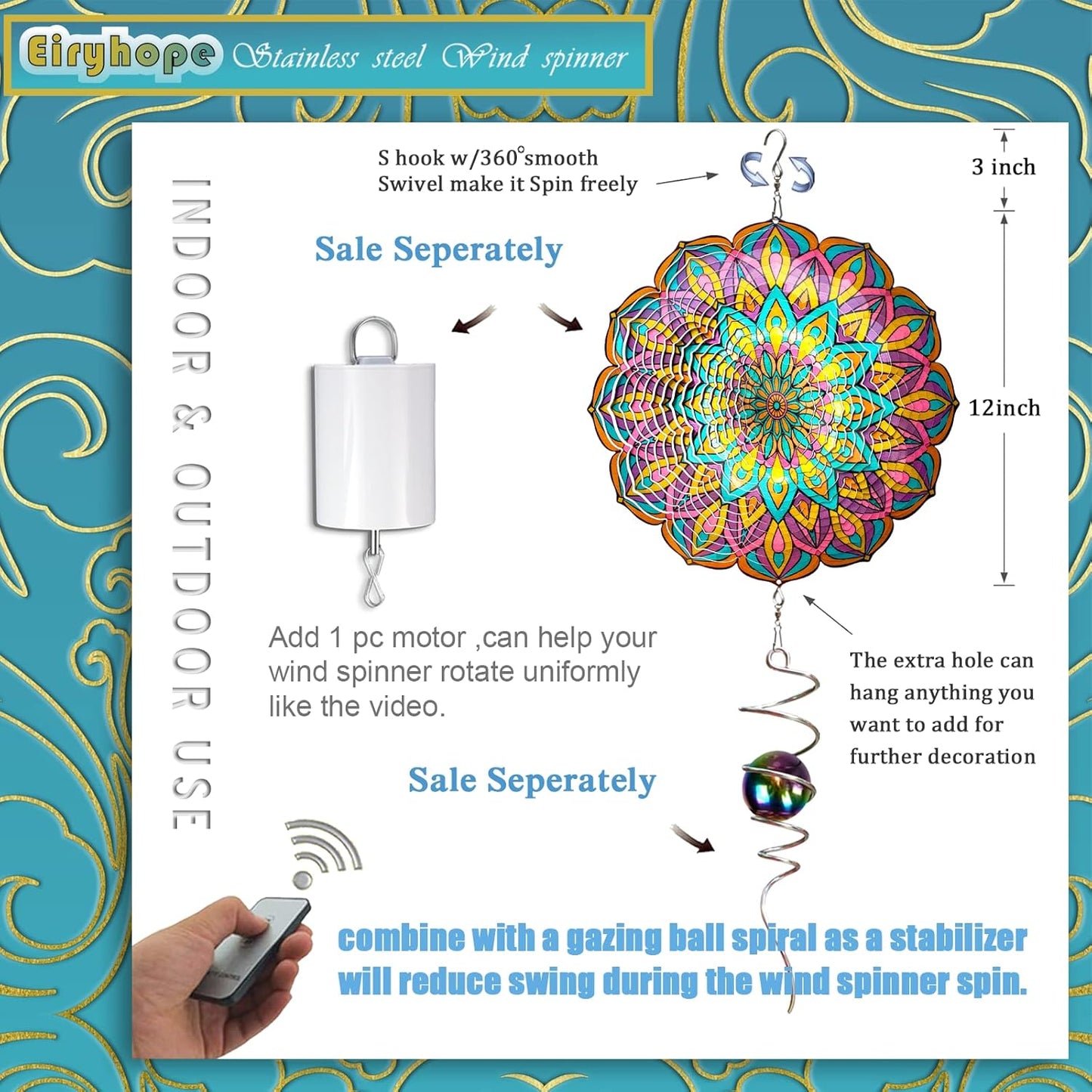 Mandala Wind Spinner - Purple Tulip Design | 12 Inch Stainless Steel Hanging Wind Sculpture & Catcher, 3D Kinetic Yard Art Garden Decor for Indoor & Outdoor | Meaningful Gift Idea