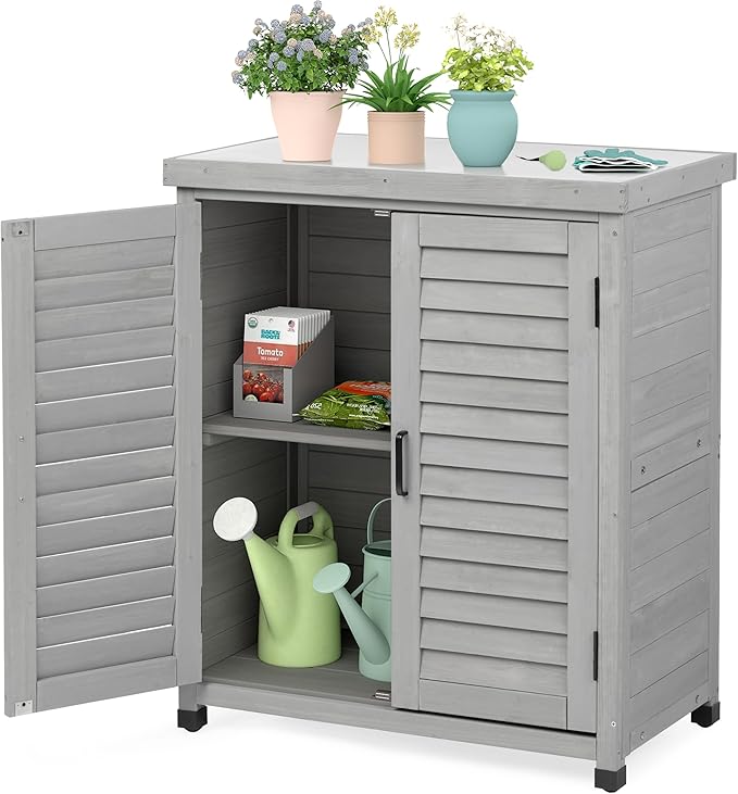 Outdoor Storage Cabinet & Potting Bench Table with Metal Top (Accent Grey, 36x31x17in)