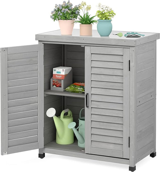 Outdoor Storage Cabinet & Potting Bench Table with Metal Top (Accent Grey, 36x31x17in)