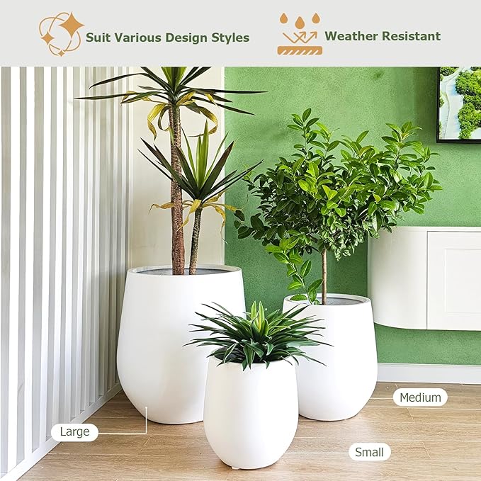 16.5" H x 15" D Corso Fiberstone Round Tapered Planter with Drainage Hole, Smooth Finishes, Weather Resistant for Indoor & Outdoor Use, Included 2 Extra Coco Mats (White, 11.5" Pot Opening)