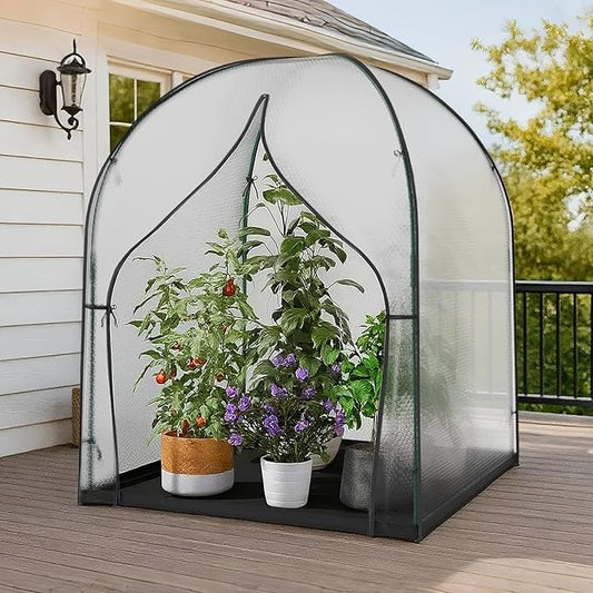SUNYRISY Greenhouse for Outdoors with Waterproof Pad, Thick Bubble Film Cover Portable Small Mini Green House Kit for Outside, Walk in Zippered Door Grow Tent Plant Cover, 59" L x 59" W x 75" H