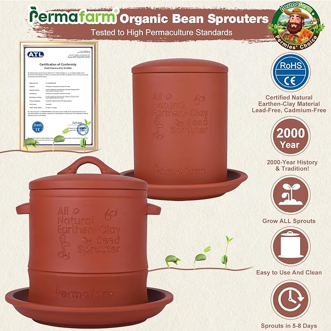 Permafarm® Organic Bean Sprouter, Natural Earthen-Clay Mung Bean Sprouter, Sprouts Growing Kit for Soybeans, Broccoli, Alfalfa & More | Lead-Free, Cadmium-Free (Small Size for Individuals or Couples)