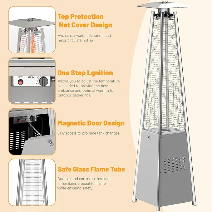 FOOWIN Propane Patio Heater, 48,000 BTU Outdoor Patio Heater with Wheels/Waterproof Cover & Gloves,Silver Grey