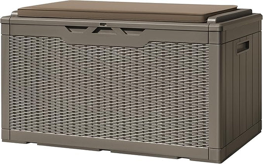 Greesum 100 Gallon Resin Deck Box Large Outdoor Storage with Cushions for Patio Furniture, Garden Tools, Pool Supplies, Weatherproof and UV Resistant, Lockable, Light Coffee