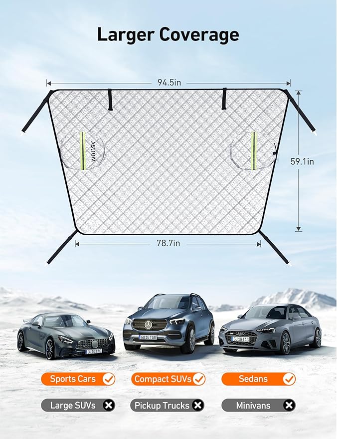 AstroAI 4-Layer Windshield Snow Cover for Ice, UV, Frost - Wiper & Mirror Protector, Windproof Sunshade for Cars, Compact SUVs
