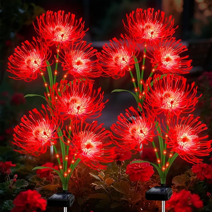Solar Christmas Outdoor Lights Red Spider Lily – 4 Pack 12-Head Waterproof Garden Flower with Glowing Stems,Decorative Solar Powered Yard,Patio & Lawn Decor,Holiday & Gardening Gifts for Women Grandma