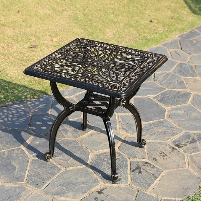 KAILI Outdoor Cast Aluminum Side Table Patio Side Table Backyard, Pool, Indoor, Easy Maintenance and Weather Resistant Coffee Table Porch Table Bistro Table (18.5square-Bronzed)