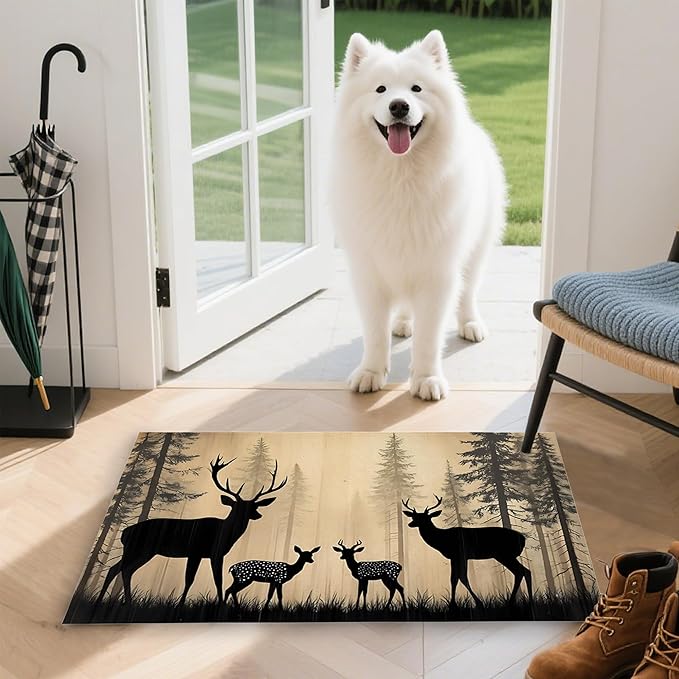 Vintage Forest Deer Family Welcome Mat Indoor,Rustic Animal Front Door Mat,Non-Slip Entryway Rug, Low Profile Felt Indoor Doormat for Back Door Porch Patio Entrance,30 x 17 Inch