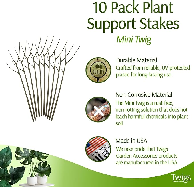Twigs - Plant Support Stakes for Indoor, Outdoor & Climbing Plants, Gardening Supplies, Garden Accessories, Trellis & Ring Alternative, Made in USA - Moonstone, 10 Pack, 12" L, Mini Twigs